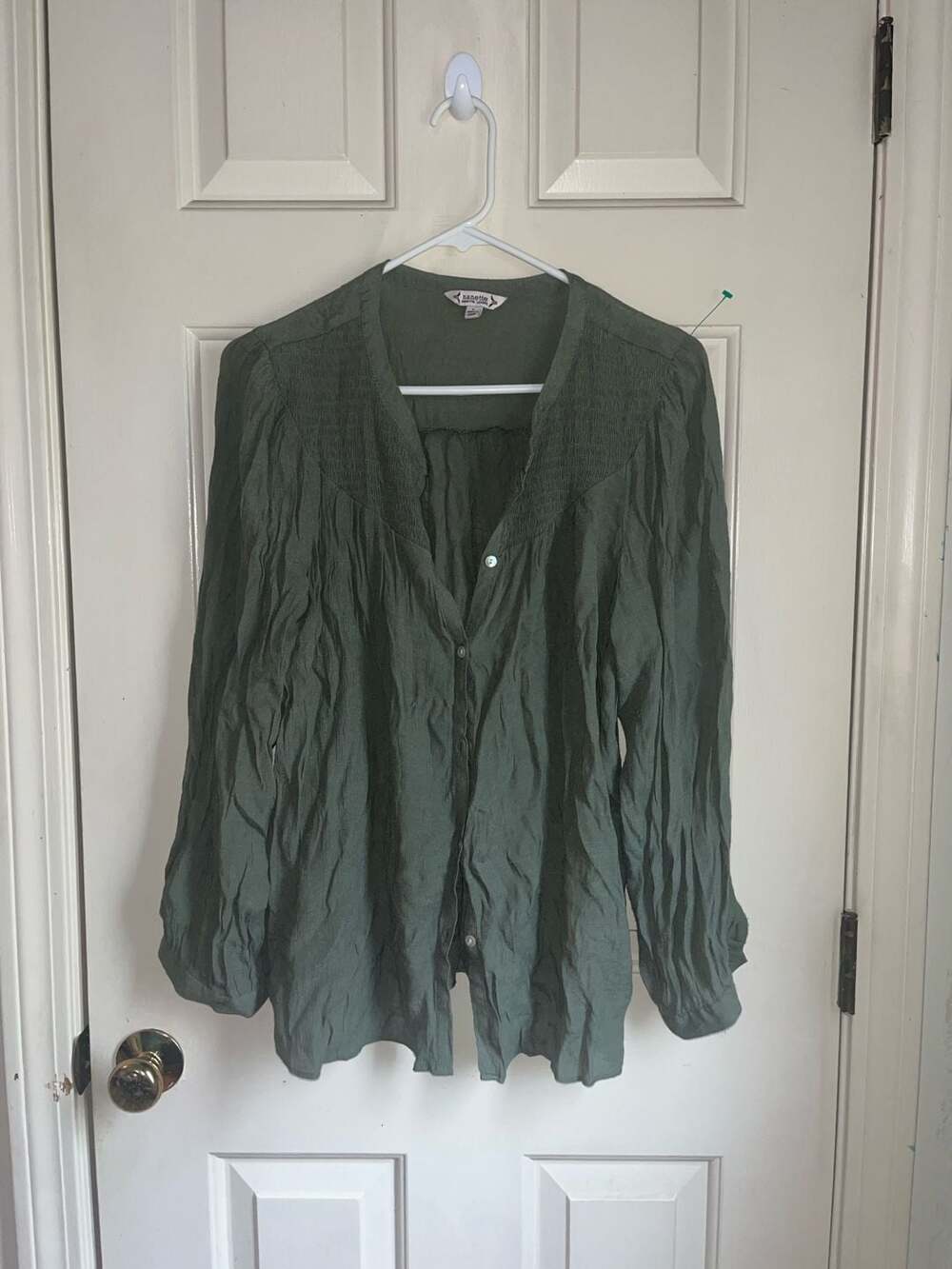 Nanette Nanette Lepore Green Crinkle Smocked Button Down Blouse Size L